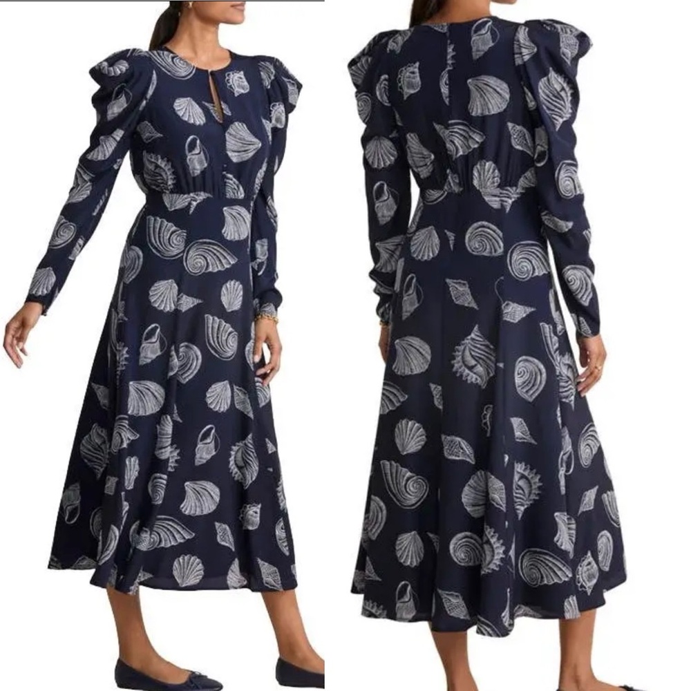Women VINEYARD VINES nautical Navy Shell Print 100% Silk Spring Midi Dress Sz. 0